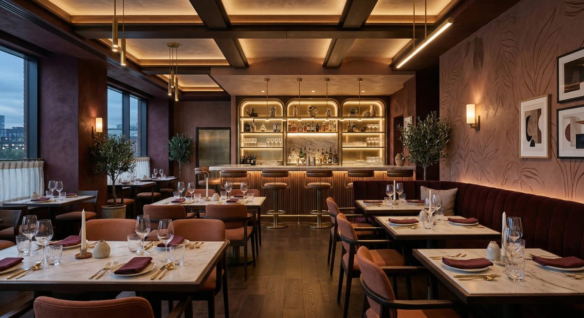 Modern restaurant interior with warm lighting